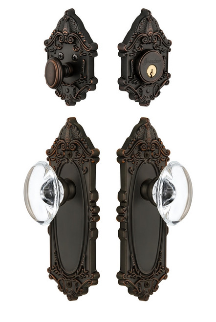 Grandeur Hardware - Grande Vic Plate with Provence Crystal Knob and matching Deadbolt in Timeless Bronze - GVCPRO - 801866