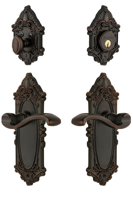 Grandeur Hardware - Grande Vic Plate with Portfino Lever and matching Deadbolt in Timeless Bronze - GVCPRT - 818311