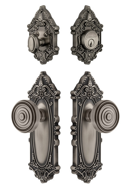 Grandeur Hardware - Grande Victorian Plate with Soleil Knob and matching Deadbolt in Antique Pewter - GVCSOL - 835516