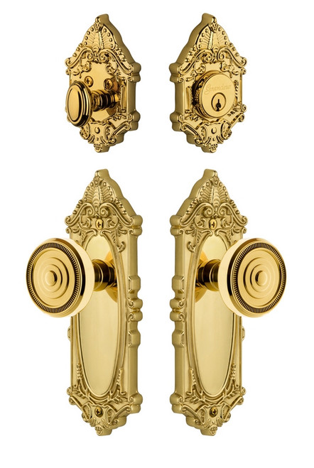 Grandeur Hardware - Grande Victorian Plate with Soleil Knob and matching Deadbolt in Lifetime Brass - GVCSOL - 835520