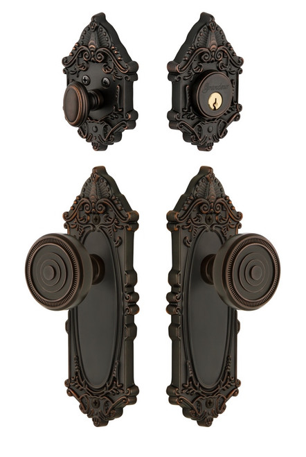 Grandeur Hardware - Grande Victorian Plate with Soleil Knob and matching Deadbolt in Timeless Bronze - GVCSOL - 835526