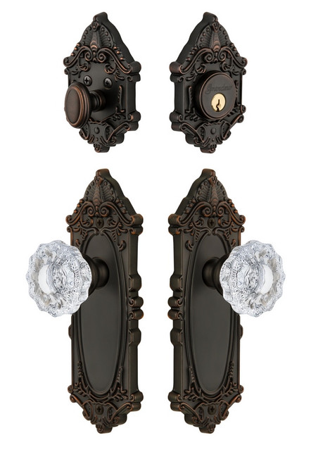 Grandeur Hardware - Grande Vic Plate with Versailles Crystal Knob and matching Deadbolt in Timeless Bronze - GVCVER - 801434