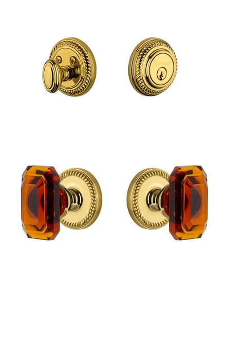 Grandeur Hardware - Newport Rosette with Amber Baguette Crystal Knob and matching Deadbolt in Lifetime Brass - NEWBCA - 828600