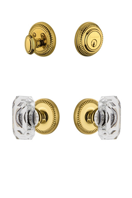 Grandeur Hardware - Newport Rosette with Baguette Crystal Knob and matching Deadbolt in Lifetime Brass - NEWBCC - 828830