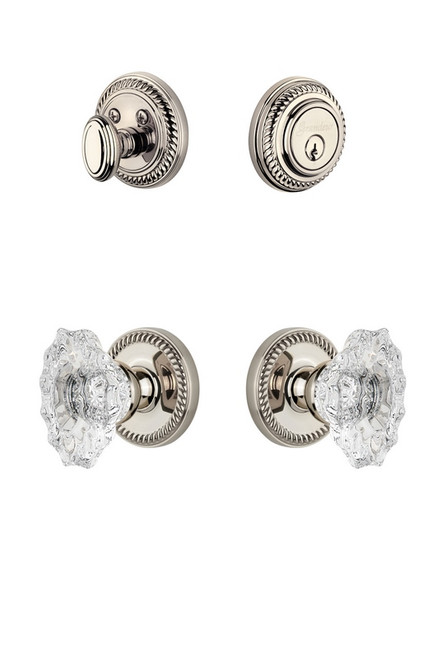 Grandeur Hardware - Newport Rosette with Biarritz Crystal Knob and matching Deadbolt in Polished Nickel - NEWBIA - 818387