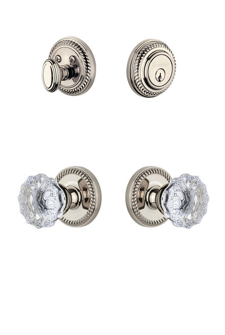 Grandeur Hardware - Newport Rosette with Fontainebleau Crystal Knob and matching Deadbolt in Polished Nickel - NEWFON - 818465