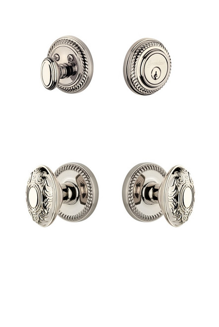 Grandeur Hardware - Newport Rosette with Grande Victorian Knob and matching Deadbolt in Polished Nickel - NEWGVC - 818477