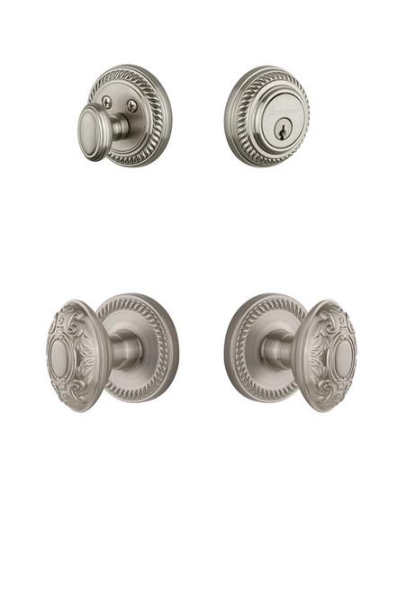 Grandeur Hardware - Newport Rosette with Grande Victorian Knob and matching Deadbolt in Satin Nickel - NEWGVC - 823327