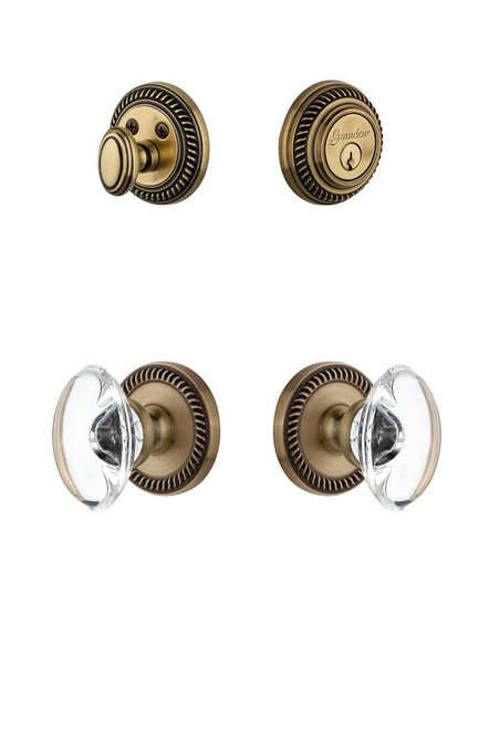 Grandeur Hardware - Newport Rosette with Provence Crystal Knob and matching Deadbolt in Vintage Brass - NEWPRO - 818516