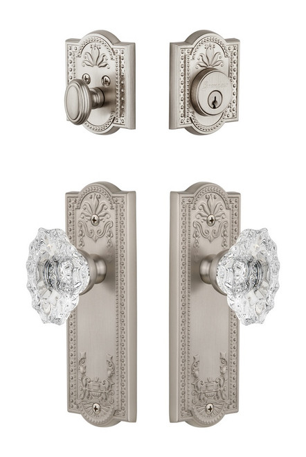 Grandeur Hardware - Parthenon Plate with Biarritz Crystal Knob and matching Deadbolt in Satin Nickel - PARBIA - 802046