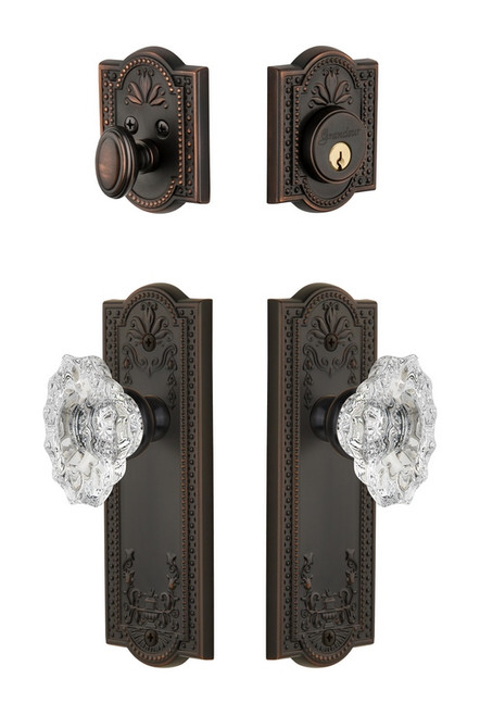 Grandeur Hardware - Parthenon Plate with Biarritz Crystal Knob and matching Deadbolt in Timeless Bronze - PARBIA - 802047