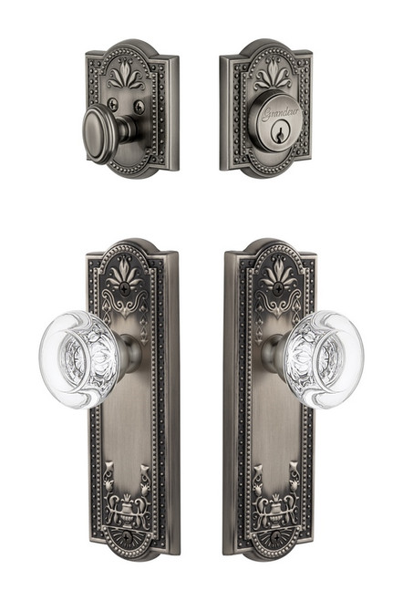 Grandeur Hardware - Parthenon Plate with Bordeaux Crystal Knob and matching Deadbolt in Antique Pewter - PARBOR - 818571