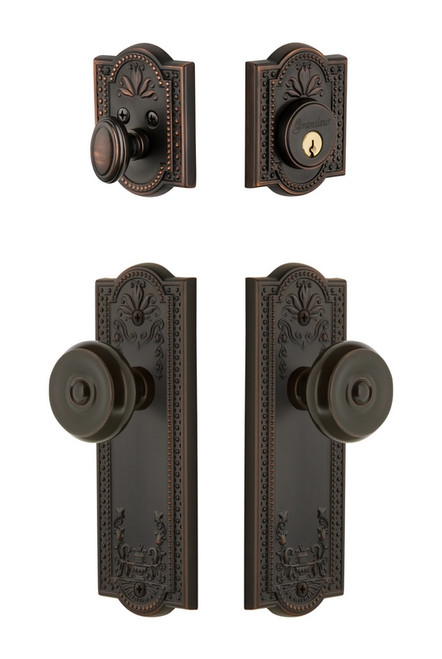 Grandeur Hardware - Parthenon Plate with Bouton Knob and matching Deadolt in Timeless Bronze - PARBOU - 835704