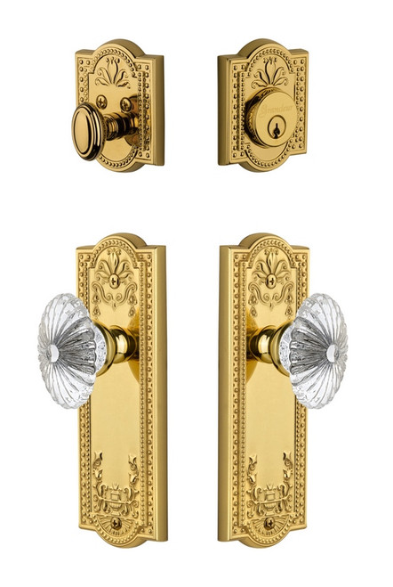 Grandeur Hardware - Parthenon Plate with Burgundy Crystal Knob and matching Deadbolt in Lifetime Brass - PARBUR - 801717