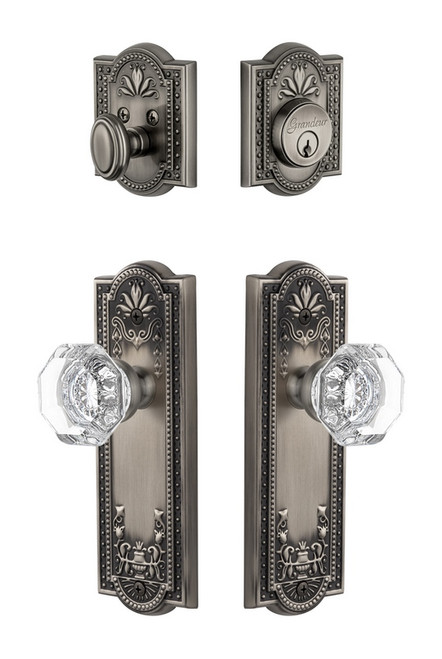 Grandeur Hardware - Parthenon Plate with Chambord Crystal Knob and matching Deadbolt in Antique Pewter - PARCHM - 801397