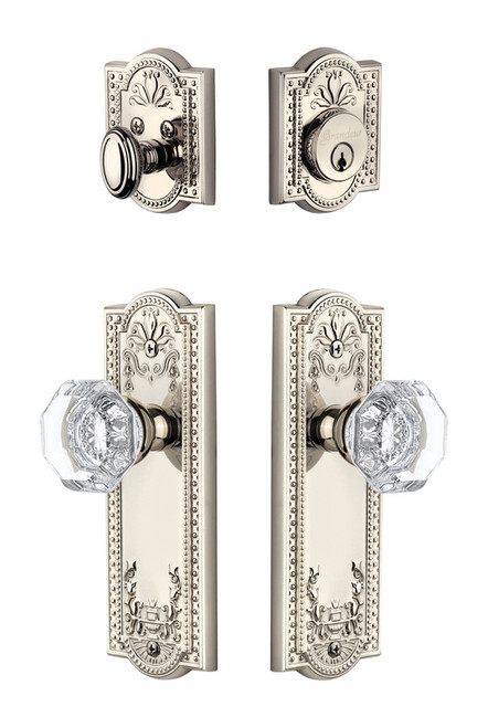 Grandeur Hardware - Parthenon Plate with Chambord Crystal Knob and matching Deadbolt in Polished Nickel - PARCHM - 802369