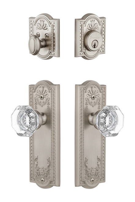 Grandeur Hardware - Parthenon Plate with Chambord Crystal Knob and matching Deadbolt in Satin Nickel - PARCHM - 818592