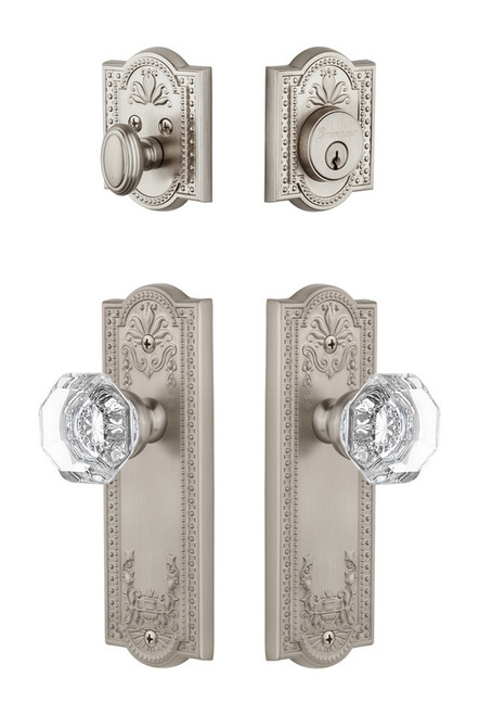 Grandeur Hardware - Parthenon Plate with Chambord Crystal Knob and matching Deadbolt in Satin Nickel - PARCHM - 818598