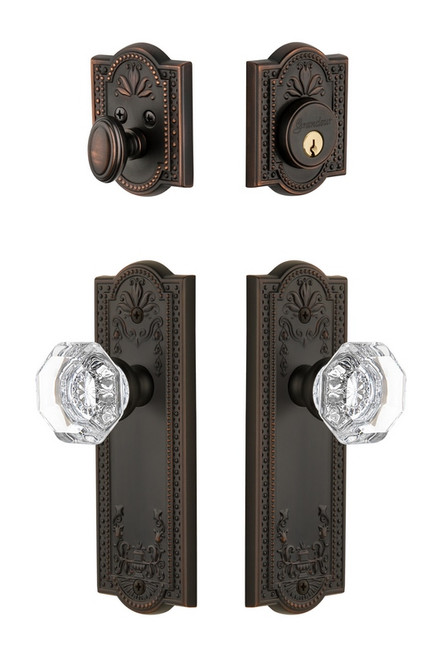 Grandeur Hardware - Parthenon Plate with Chambord Crystal Knob and matching Deadbolt in Timeless Bronze - PARCHM - 818593