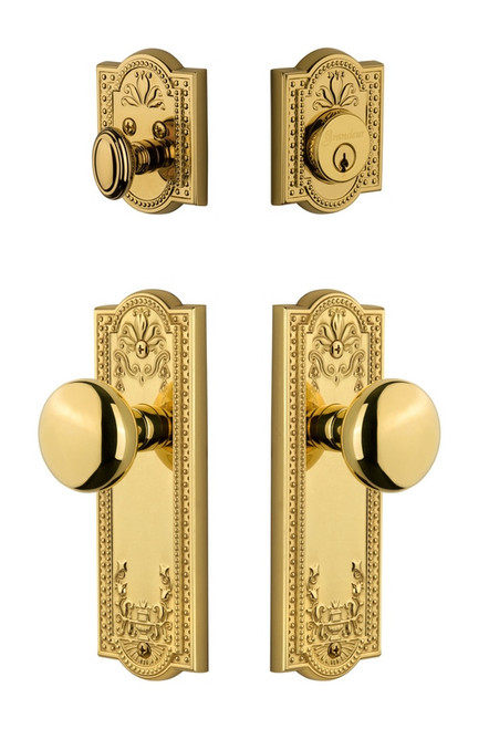 Grandeur Hardware - Parthenon Plate with Fifth Avenue Knob and matching Deadbolt in Lifetime Brass - PARFAV - 823061