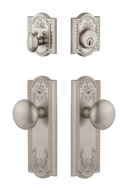 Grandeur Hardware - Parthenon Plate with Fifth Avenue Knob and matching Deadbolt in Satin Nickel - PARFAV - 818622