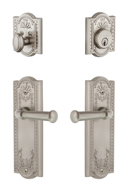 Grandeur Hardware - Parthenon Plate with Georgetown Lever and matching Deadbolt in Satin Nickel - PARGEO - 835443