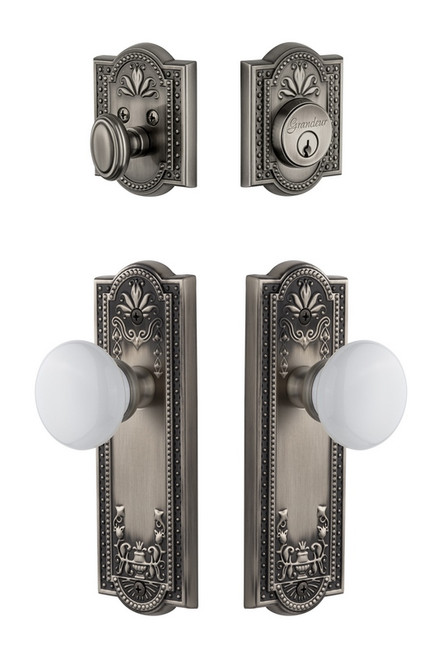 Grandeur Hardware - Parthenon Plate with Hyde Park Porcelain Knob and matching Deadbolt in Antique Pewter - PARHYD - 818655