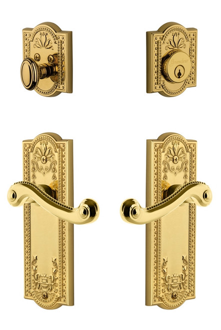 Grandeur Hardware - Parthenon Plate with Newport Lever and matching Deadbolt in Lifetime Brass - PARNEW - 835284