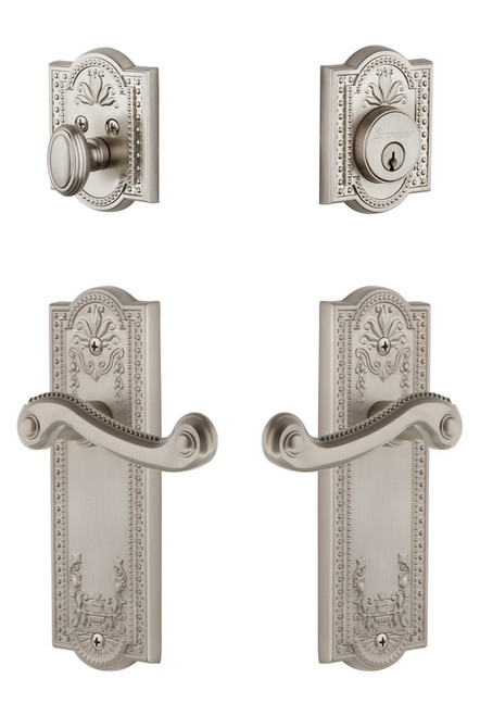 Grandeur Hardware - Parthenon Plate with Newport Lever and matching Deadbolt in Satin Nickel - PARNEW - 835296