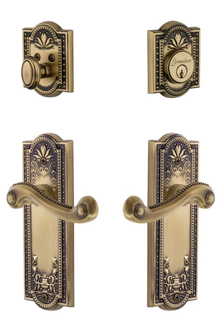 Grandeur Hardware - Parthenon Plate with Newport Lever and matching Deadbolt in Vintage Brass - PARNEW - 835309