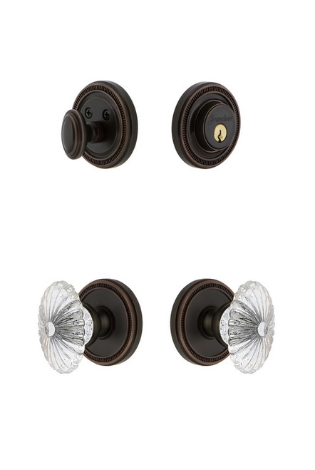 Grandeur Hardware - Soleil Plate with Burgundy Crystal Knob and matching Deadbolt in Timeless Bronze - SOLBUR - 826356