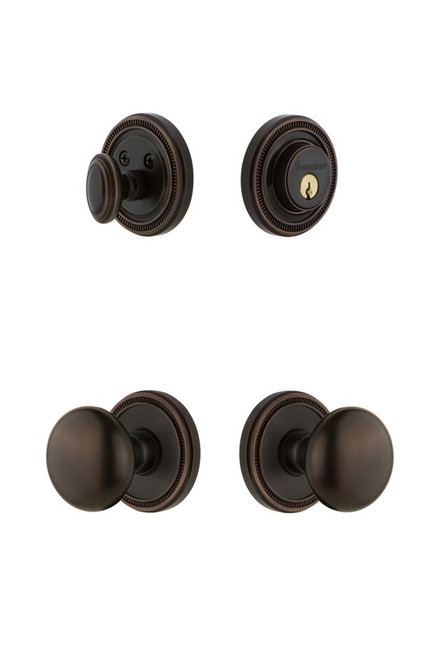 Grandeur Hardware - Soleil Plate with Fifth Avenue Knob and matching Deadbolt in Timeless Bronze - SOLFAV - 826628