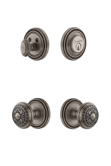 Grandeur Hardware - Soleil Plate with Windsor Knob and matching Deadbolt in Antique Pewter - SOLWIN - 827276