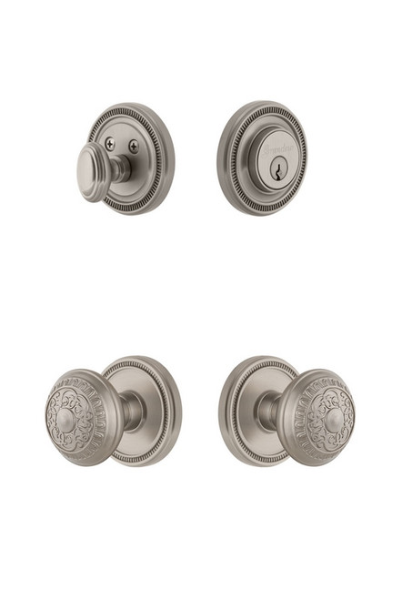 Grandeur Hardware - Soleil Plate with Windsor Knob and matching Deadbolt in Satin Nickel - SOLWIN - 827296