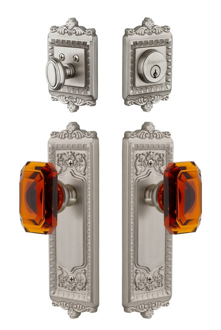 Grandeur Hardware - Windsor Plate with Amber Baguette Crystal Knob and matching Deadbolt in Satin Nickel - WINBCA - 828773