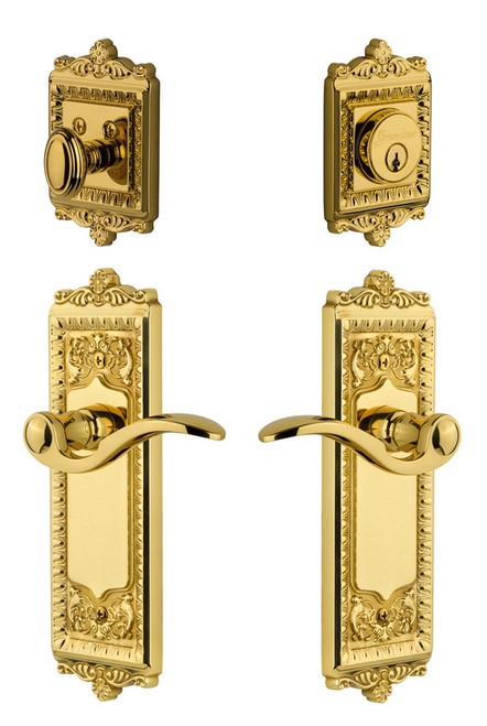 Grandeur Hardware - Windsor Plate with Bellagio Lever and matching Deadbolt in Lifetime Brass - WINBEL - 818770
