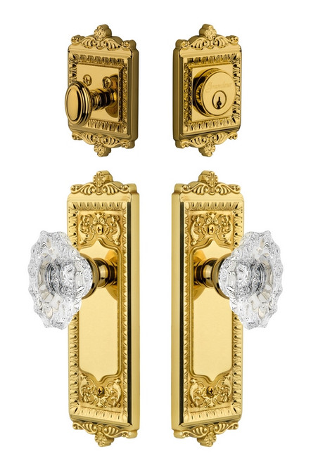 Grandeur Hardware - Windsor Plate with Biarritz Crystal Knob and matching Deadbolt in Lifetime Brass - WINBIA - 802034