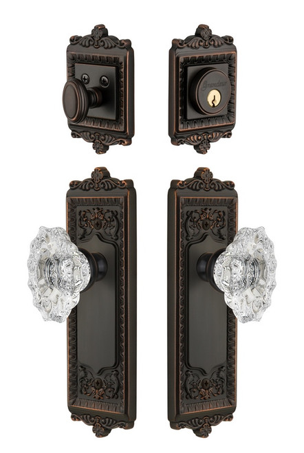Grandeur Hardware - Windsor Plate with Biarritz Crystal Knob and matching Deadbolt in Timeless Bronze - WINBIA - 818785