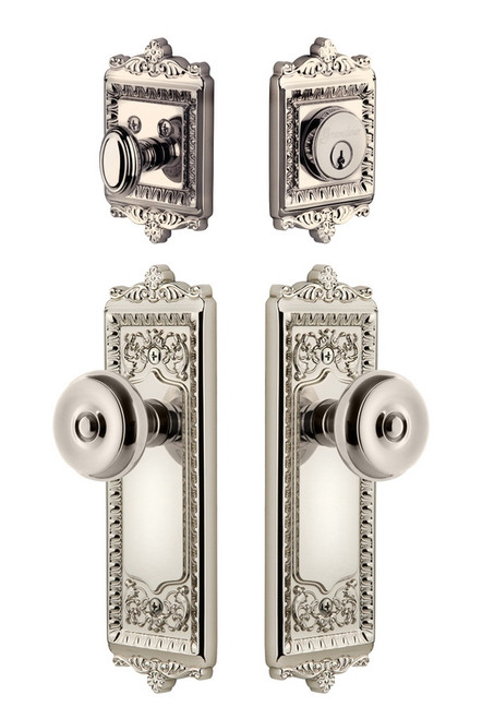Grandeur Hardware - Windsor Plate with Bouton Knob and matching Deadbolt in Polished Nickel - WINBOU - 835204