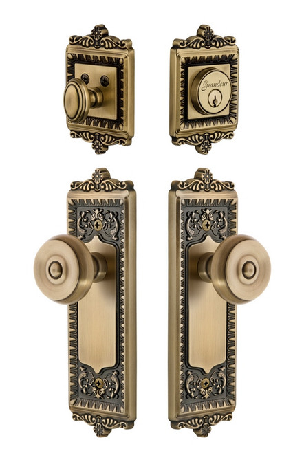 Grandeur Hardware - Windsor Plate with Bouton Knob and matching Deadbolt in Vintage Brass - WINBOU - 835213