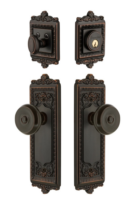 Grandeur Hardware - Windsor Plate with Bouton Knob and matching Deadbolt in Timeless Bronze - WINBOU - 835220