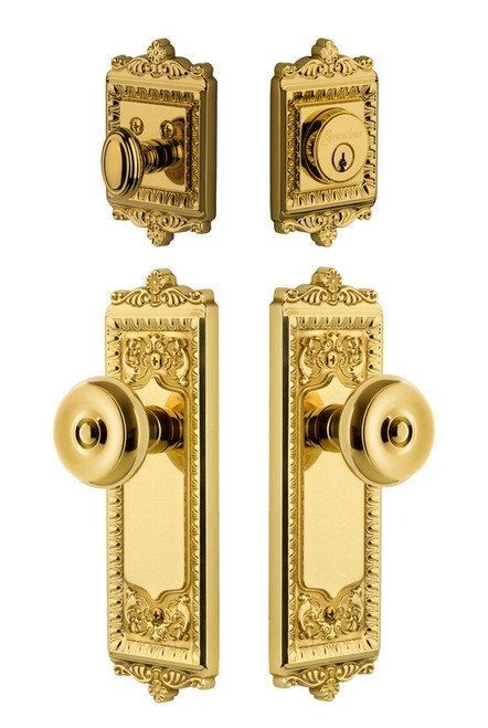 Grandeur Hardware - Windsor Plate with Bouton Knob and matching Deadbolt in Lifetime Brass - WINBOU - 835229