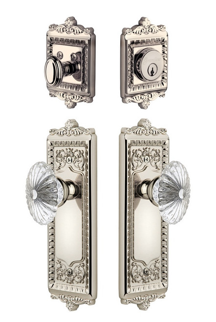 Grandeur Hardware - Windsor Plate with Burgundy Crystal Knob and matching Deadbolt in Polished Nickel - WINBUR - 818807