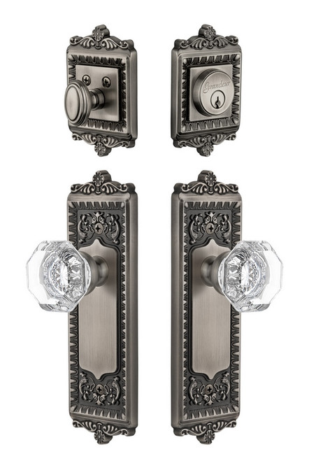 Grandeur Hardware - Windsor Plate with Chambord Crystal Knob and matching Deadbolt in Antique Pewter - WINCHM - 801402
