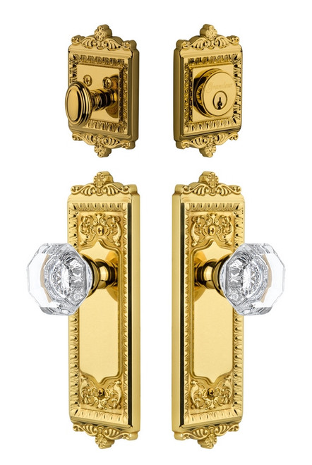 Grandeur Hardware - Windsor Plate with Chambord Crystal Knob and matching Deadbolt in Lifetime Brass - WINCHM - 801406