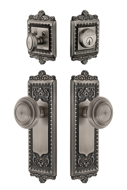 Grandeur Hardware - Windsor Plate with Circulaire Knob and matching Deadbolt in Antique Pewter - WINCIR - 835646