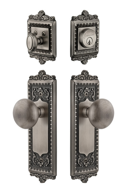 Grandeur Hardware - Windsor Plate with Fifth Avenue Knob and matching Deadbolt in Antique Pewter - WINFAV - 820974