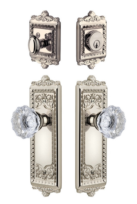 Grandeur Hardware - Windsor Plate with Fontainebleau Crystal Knob and matching Deadbolt in Polished Nickel - WINFON - 818861