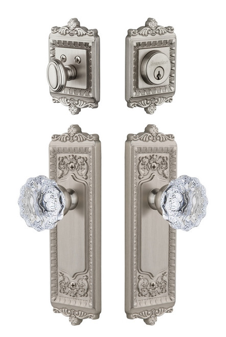 Grandeur Hardware - Windsor Plate with Fontainebleau Crystal Knob and matching Deadbolt in Satin Nickel - WINFON - 818856