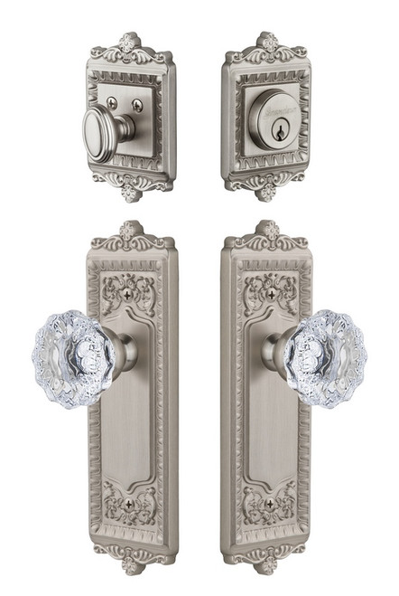 Grandeur Hardware - Windsor Plate with Fontainebleau Crystal Knob and matching Deadbolt in Satin Nickel - WINFON - 801503